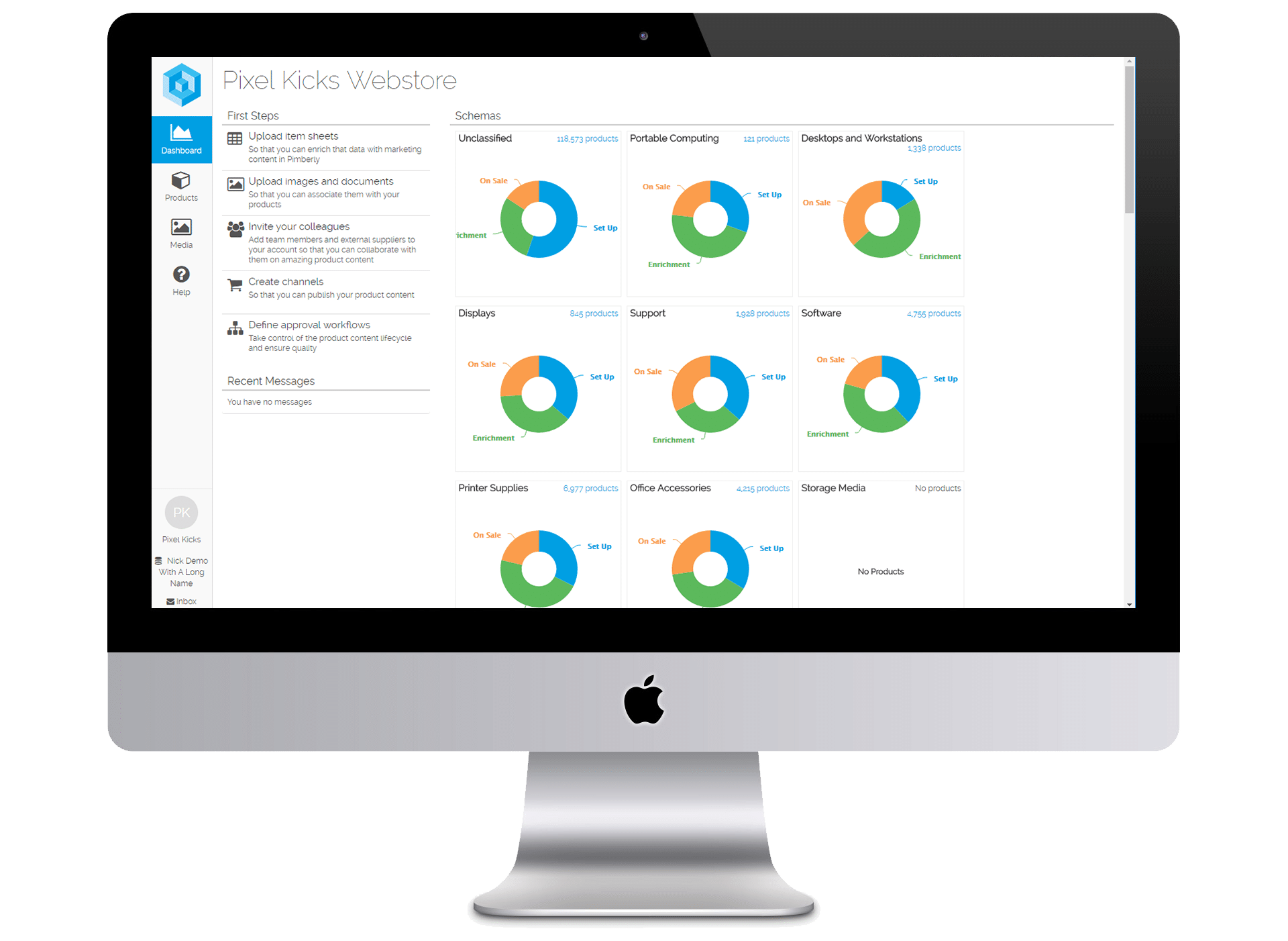 Screen with Pimberly PIM platform - showing Product Information Management dashboard