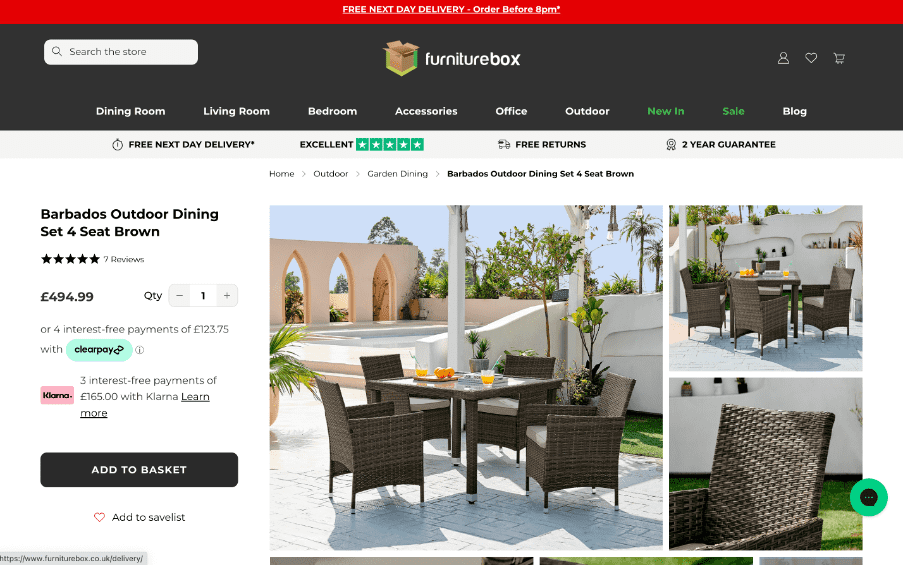 image of a furniture box product detail page for an outdoor dining set