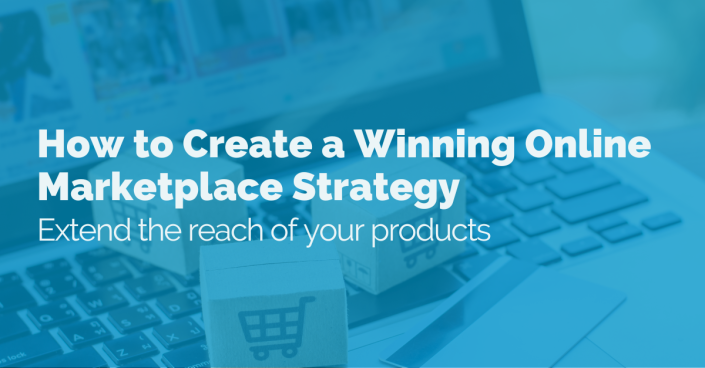 image of a laptop with small cardboard boxes on the keyboard and text that reads 'how to create a winning online marketplace strategy', the title of the blog content