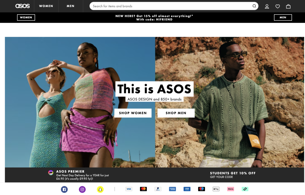 Image of ASOS homepage from 2023 showing two models and website categories