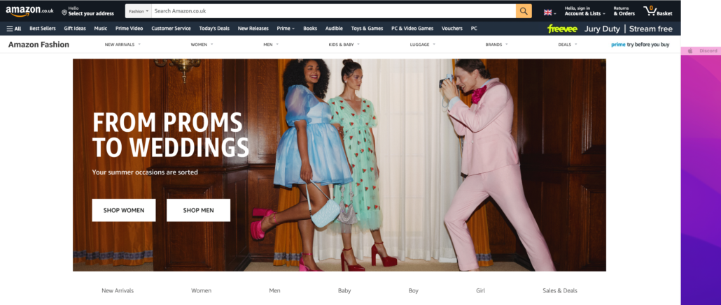 Image of the Amazon Fashion page, the image displays deals on wedding and prom dresses
