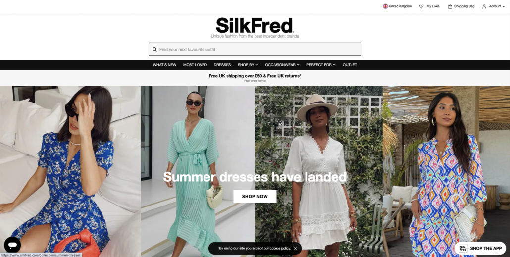 Image of SilkFred fashion marketplaces homepage with product categories