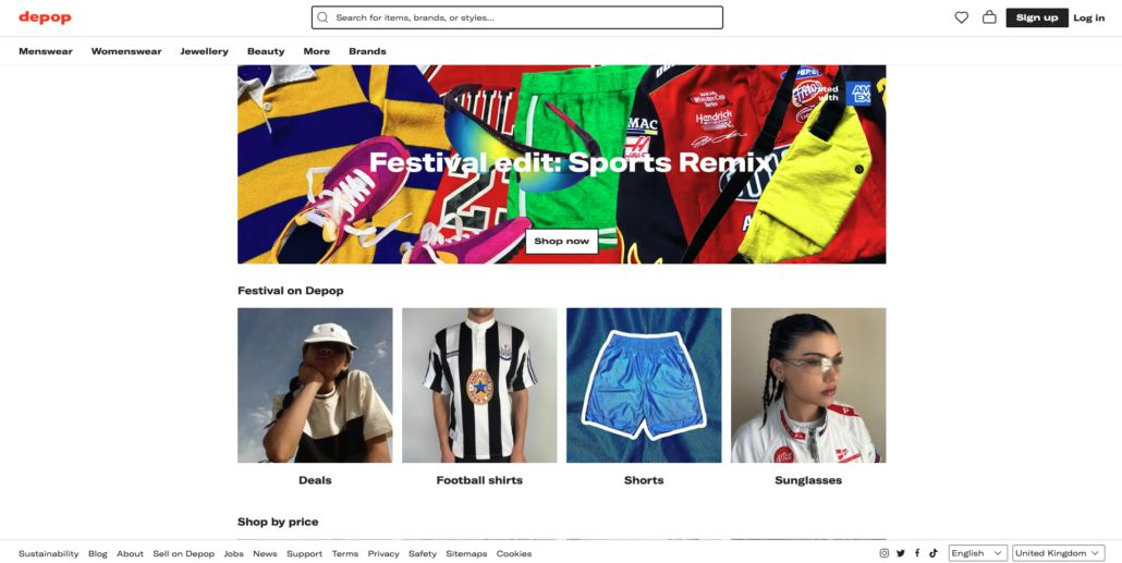 Image of depop fashion marketplace homepage displaying product categories