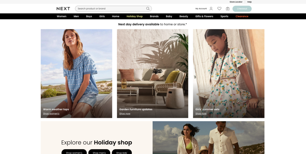 Image of Next homepage with images of fashion marketplace models and product categories