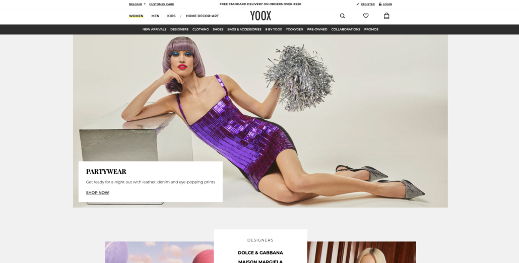 Image of Yoox marketplace homepage with an image of a model in a purple dress posing