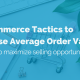 Image of a computer keyboard, pink clickboard, shopping cart, and green leaves. Used to illustrate what is AOV. Text reads '9 common ecommerce tactics to increase average order values'.