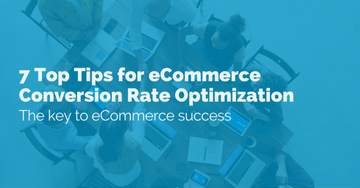 Image of a group of people sat at at a meeting shaking hands with laptops in front of them discussing converstion rate optimization CRO. the image has text overlay which reads '7 top tips for ecommerce conversation rate optimization'