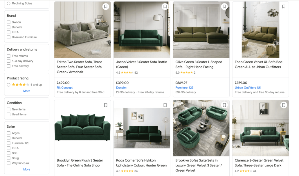 image of google shopping result for green couch