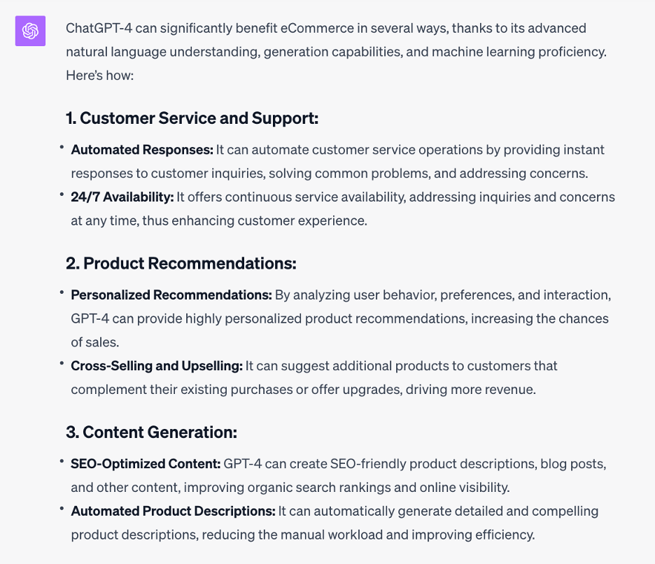 image of ChatGPT's answer to 'How will ChatGPT-4 benefit eCommerce?'