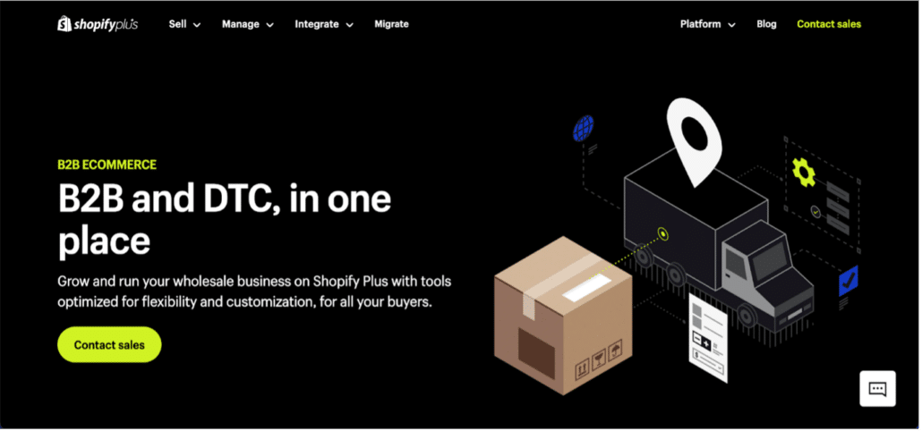 image of shopify plus homepage for b2b ecommerce