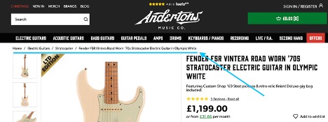 image of andertons product listing for a guitar
