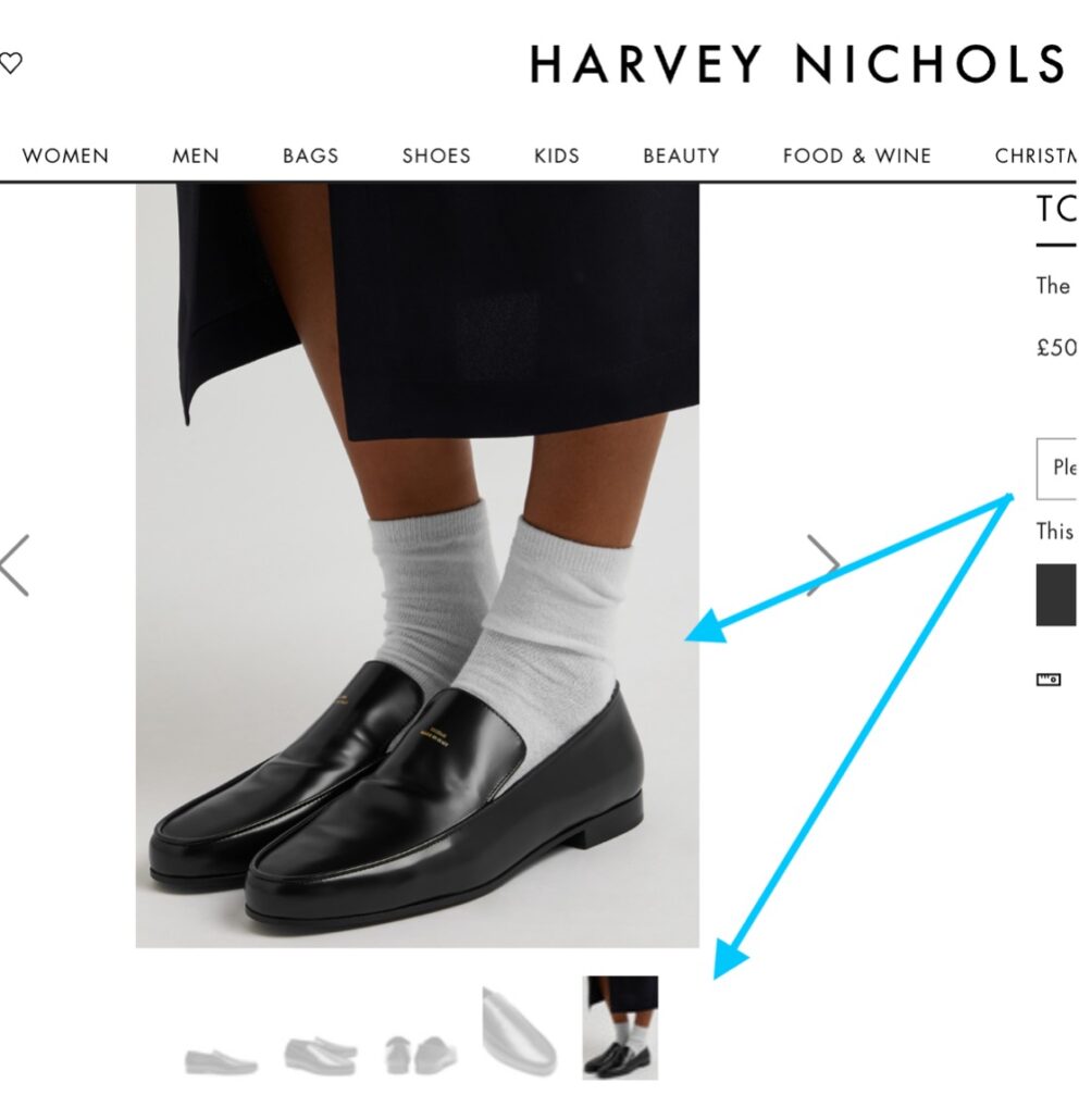 image of a harvey nichols product listing with arrows pointing at a pair of shoes