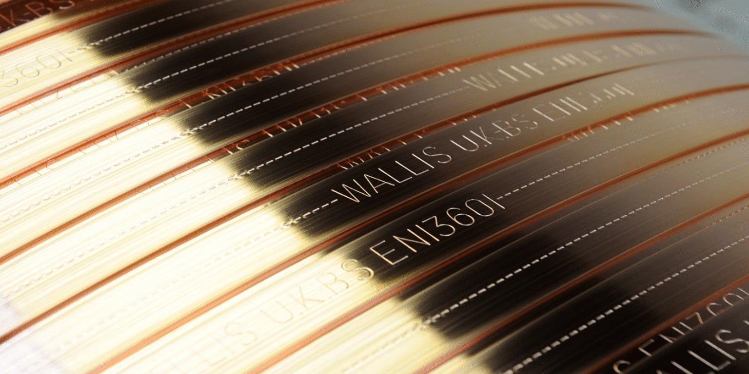 Close-up of stacked technical labels or product tags with printed text including “EN13601” and “UKBS,” arranged in parallel rows with a metallic sheen.