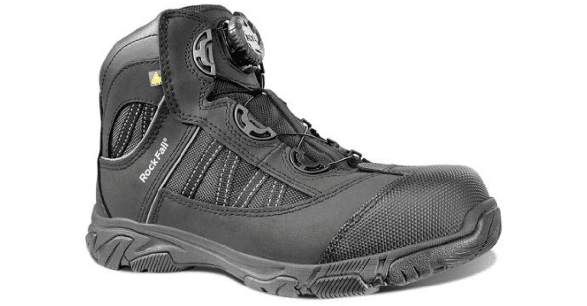 Black safety work boot with reinforced toe cap and dial fastening system, designed for industrial use.